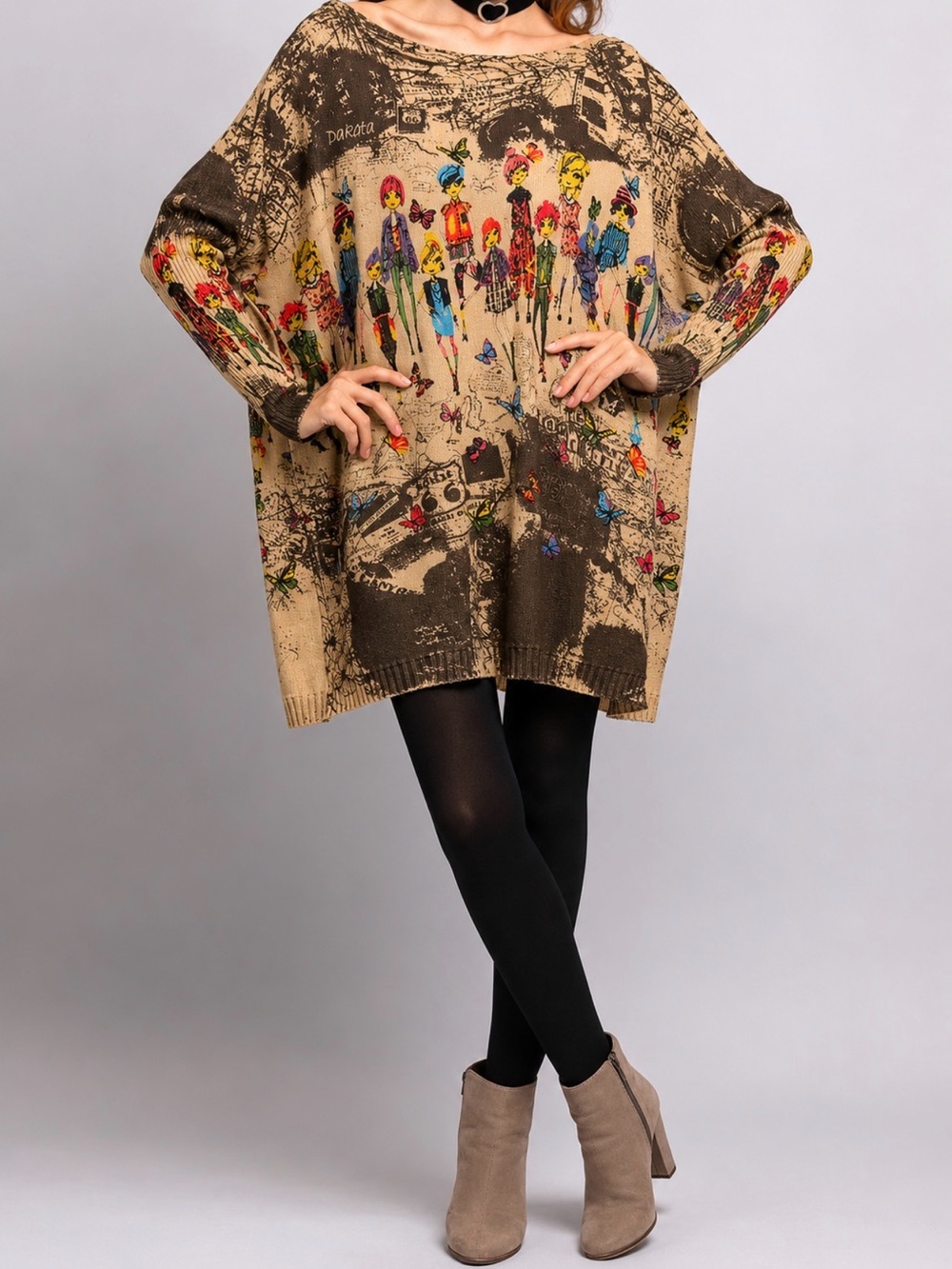 Ella Zhu Oversized Graphic Sweater One Size Batwing Butterfly Fashion Print